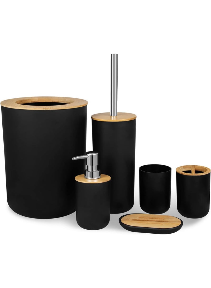 YelaJoy 6Pcs Black Bamboo Bathroom Accessories Set Toilet Toothbrush Holder Set Bamboo Soap Box Toothbrush Trash Bin Kit Bamboo Bath Accessories for Home Hotel - Image 1
