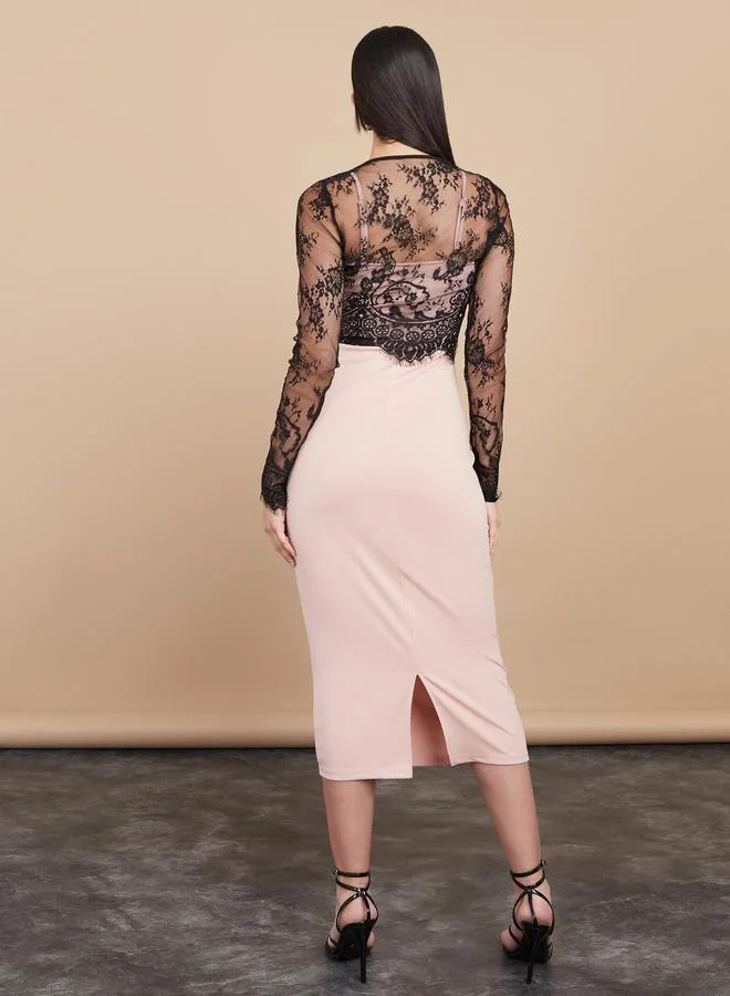 Styli Styli Long Sleeves Lace Overlay Bodycon Midi Dress