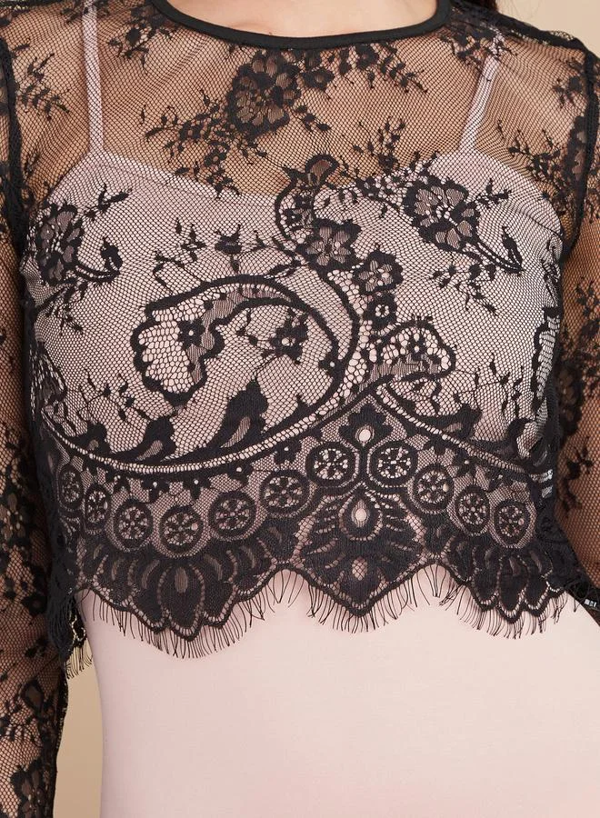 Styli Styli Long Sleeves Lace Overlay Bodycon Midi Dress