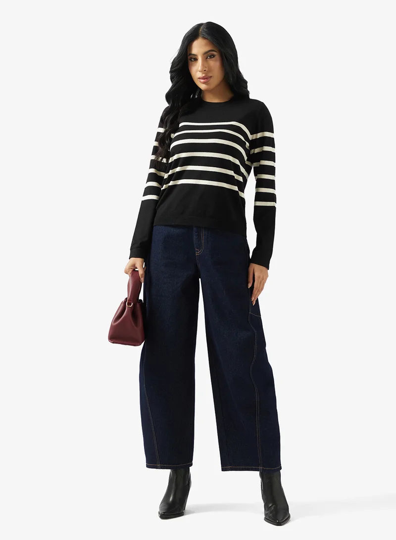 فيرو مودا سبا بلوفر سادة بأكمام طويلة وياقة دائرية