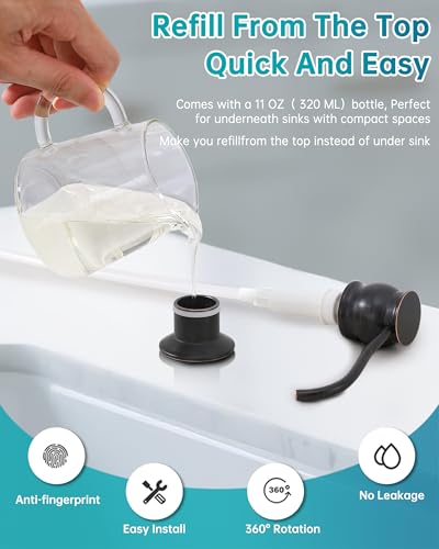 GICASA Brass Kitchen Soap Dispenser, Oil Rubbed Bronze in Sink Liquid Dish Soap Dispenser with High Capacity 500ML （17oz） ABS Bottle, Under Sink Hand Metal Dispenser Pump - Image 3