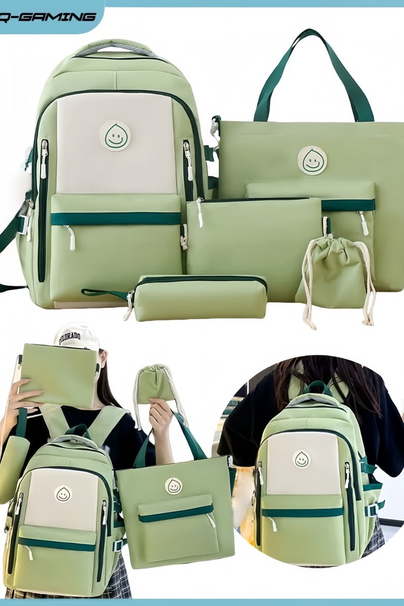 HQ-GAMING 5PCS Backpack Set for Girls, Schoolbag with Cute Bear Accessories - School Bookbag, Shoulder Bag, Handbag, Pen Pouch & Small Bag- Perfect for Student Back to School Supplies (Green)  - Image 1