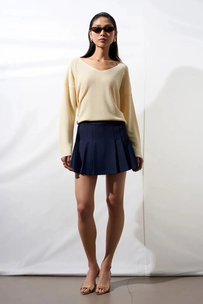 Dilvin Cream Natural DILVIN Women's V-neck Ribbed Knit Sweater for Women | Best Price UAE