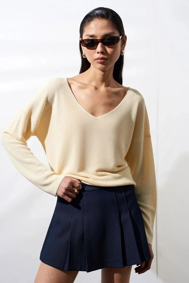 DILVIN Women's V-neck Ribbed Knit Sweater