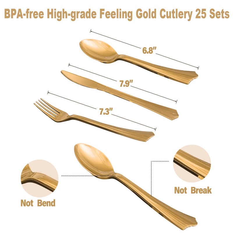 AIRE 350PCS White and Gold Party Supplies  Severs 50 Disposable Gold Paper Plates Party Supplies Engagement Party Decorations Plastic Forks Knives Spoons Napkins Cups for Wedding Bachelorette - Image 3