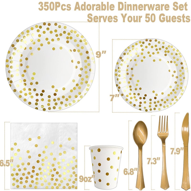 AIRE 350PCS White and Gold Party Supplies  Severs 50 Disposable Gold Paper Plates Party Supplies Engagement Party Decorations Plastic Forks Knives Spoons Napkins Cups for Wedding Bachelorette - Image 2