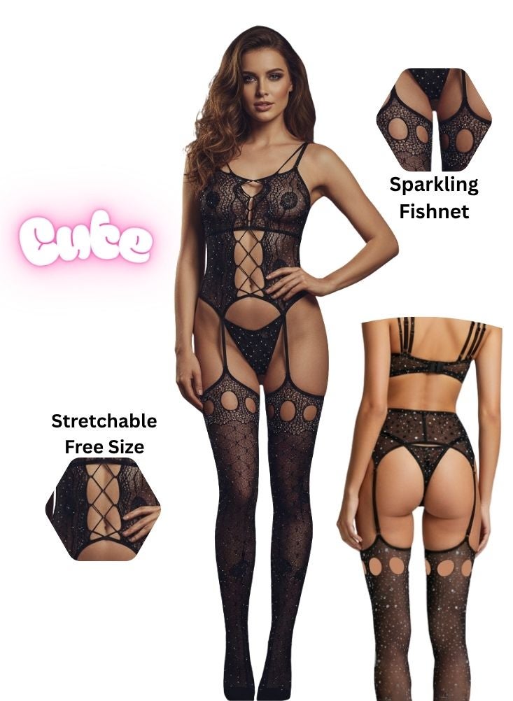 Cute Sparkling Fishnet Lingerie Bodysuit – Stretchable Free Size One-Piece Nightwear - Image 1