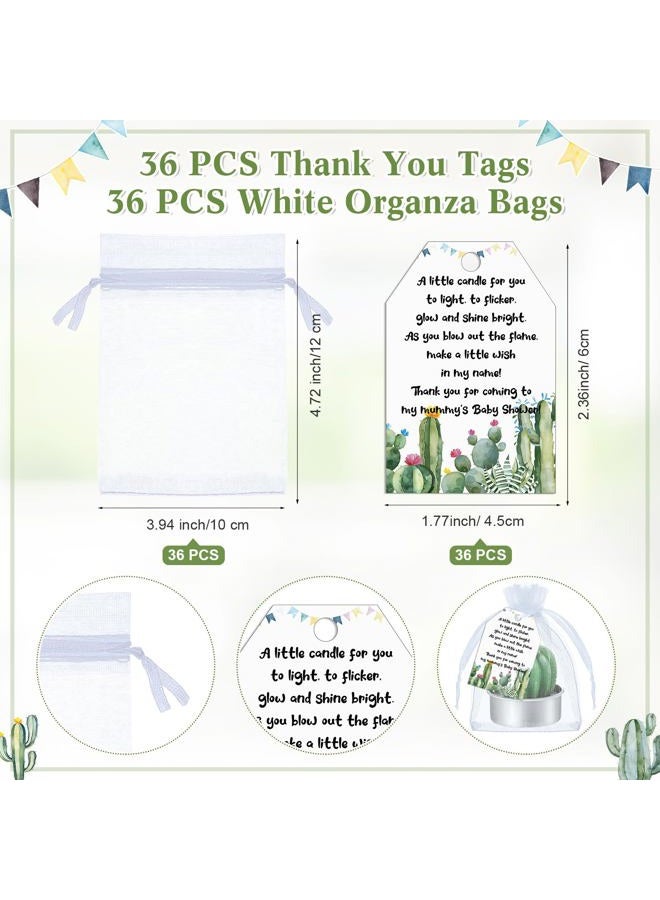 Mtlee 36 Sets Succulent Cactus Candles Baby Shower Favors for Guests Include 36 Plant Tealight Candles 36 Thank You Tags 36 Organza Bags Wooden Standing Sign for Gender Reveal Gifts (Cactus) - Image 4