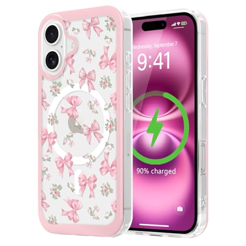 LCHULLE Magnetic for iPhone 16 Case Cute Pink Bows Compatible with Magsafe Clear Ribbon Bowknot Pattern for Women Girls Hard Back Cover Shockproof Phone Case for iPhone 16 Rose Bows - Image 1