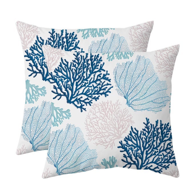 NAUTICAL COASTAL THROW PILLOW COVERS SET OF 2 BEACH THEMED OCEAN CORAL SEA TURTLE DECORATIVE PILLOW CASES OUTDOOR SOFA CUSHION COVER FOR BEDROOM LIVING ROOM 16X16 BLUE