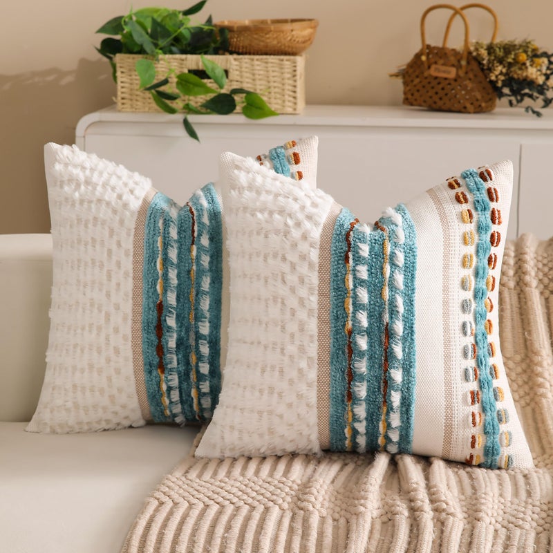 KOOLIFE Boho Chenille Tufted Couch Throw Pillow Covers 18x18 Inch Set of 2 Farmhouse Striped Decorative Pillow Covers Accent Neutral Pillowcase Teal Cushion Cover for Living Room Sofa Bed - Image 1
