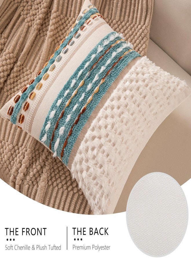 KOOLIFE Boho Chenille Tufted Couch Throw Pillow Covers 18x18 Inch Set of 2 Farmhouse Striped Decorative Pillow Covers Accent Neutral Pillowcase Teal Cushion Cover for Living Room Sofa Bed - Image 4