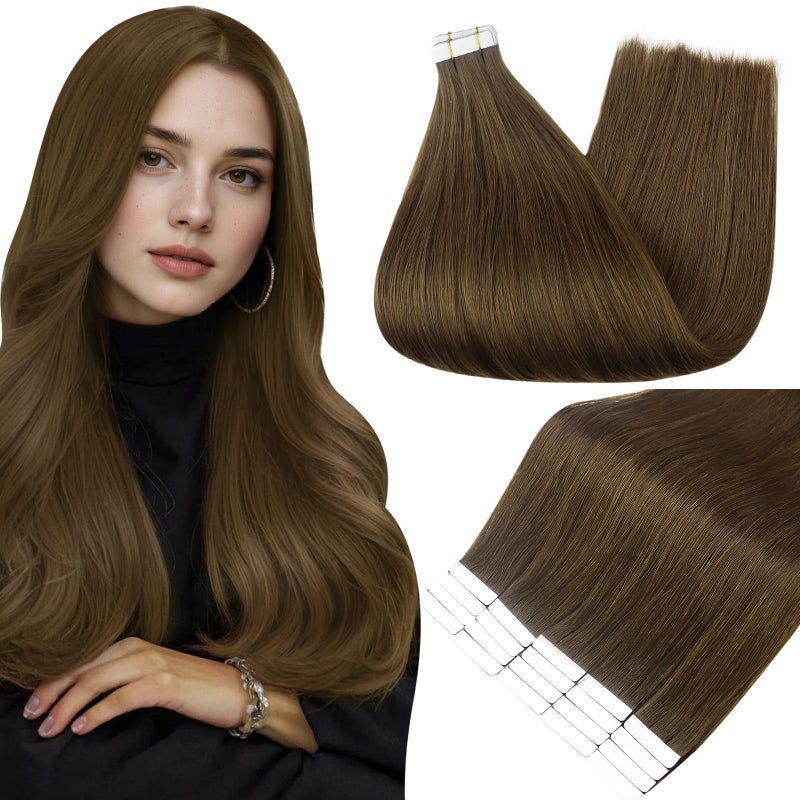 Full Shine Tape in Hair Extensions Human Hair 10 Inch Invisible Seamless Skin Weft Tape in Extensions Human Hair Natural Color 4 Medium Brown 30 Grams Straight Remy Hair 20pieces Add Volume