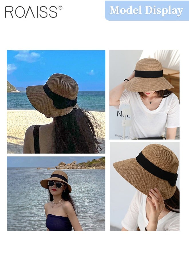 roaiss - Women's Wide Brim Straw Hat, Black Bowknot Ribbon Foldable Portable Sun Cap, Breathable UV Protection for Outdoor Sports, Cycling, Hiking - Image 1