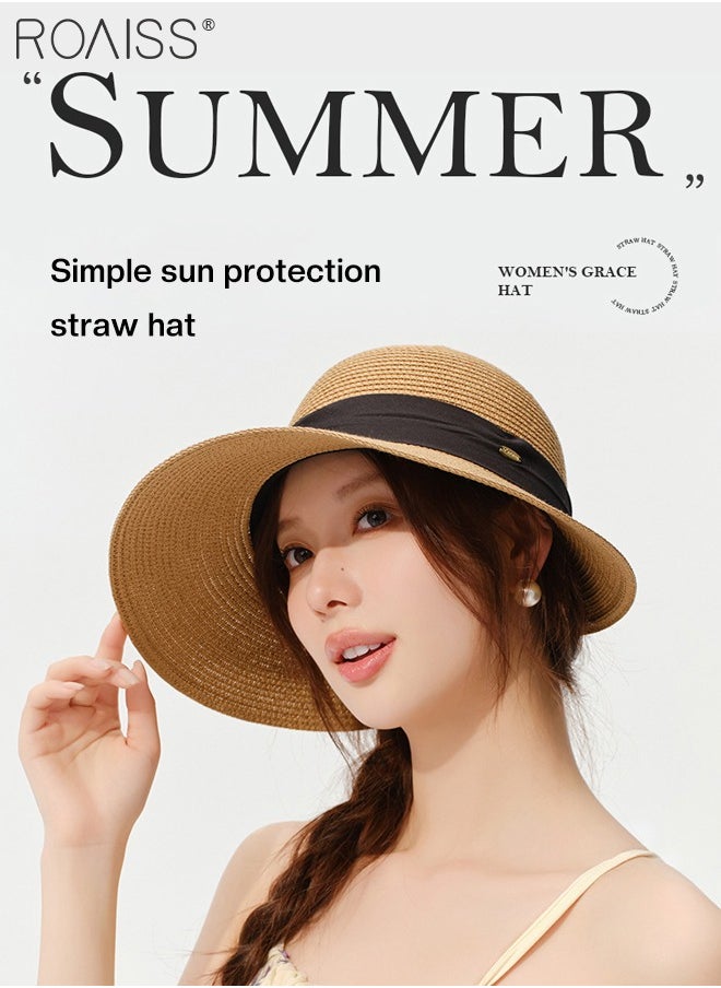 roaiss - Women's Wide Brim Straw Hat, Black Bowknot Ribbon Foldable Portable Sun Cap, Breathable UV Protection for Outdoor Sports, Cycling, Hiking - Image 1