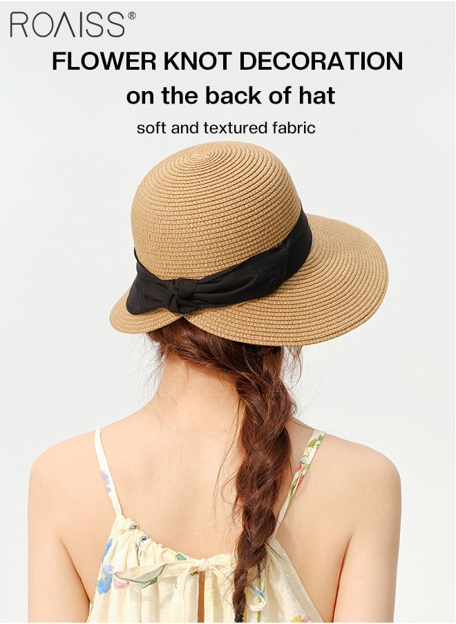 roaiss - Women's Wide Brim Straw Hat, Black Bowknot Ribbon Foldable Portable Sun Cap, Breathable UV Protection for Outdoor Sports, Cycling, Hiking - Image 1