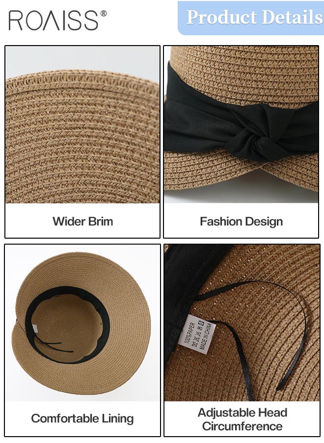roaiss - Women's Wide Brim Straw Hat, Black Bowknot Ribbon Foldable Portable Sun Cap, Breathable UV Protection for Outdoor Sports, Cycling, Hiking - Image 1