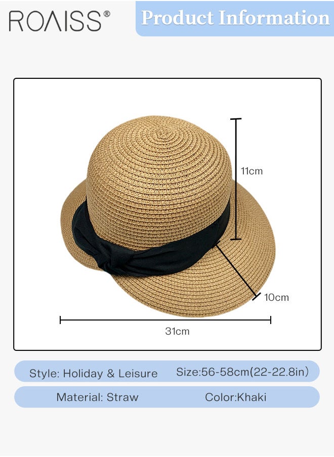 roaiss - Women's Wide Brim Straw Hat, Black Bowknot Ribbon Foldable Portable Sun Cap, Breathable UV Protection for Outdoor Sports, Cycling, Hiking - Image 1