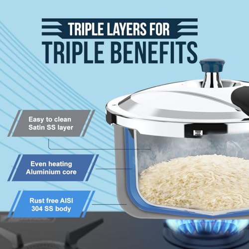 Ultra Duracook Triply Pressure Cooker 2 Litre | AISI 304 Food Grade Stainless Steel Cooker | 5 Years Warranty | Injection Moulded Handles | Induction Compatible | 1.2 MM Lid Thickness | SCTS Base - Image 2