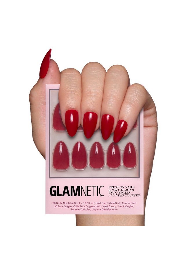 جلامنتيك أظافر صناعية قصيرة بلون أحمر كلاسيكي | لون بارد غير شفاف، أظافر صناعية قصيرة بلون أحمر لوزية خالدة، قابلة لإعادة الاستخدام مع غراء | جودة الصالون | 15 مقاسًا - مجموعة أظافر مكونة من 30 قطعة - Image 1