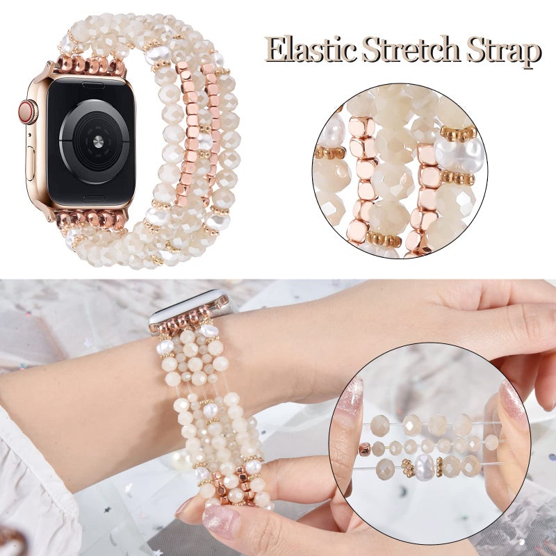 MOFREE Beaded Bracelet Compatible for Apple Watch Band 38mm/40mm/41mm/42mm(Series 10) Women,Fashion Handmade Beads Elastic Stretch Strap for iWatch Series 10/9/8/7/SE/6/5/4/3/2/1 Rose Gold - Image 4