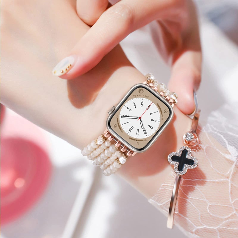 MOFREE Beaded Bracelet Compatible for Apple Watch Band 38mm/40mm/41mm/42mm(Series 10) Women,Fashion Handmade Beads Elastic Stretch Strap for iWatch Series 10/9/8/7/SE/6/5/4/3/2/1 Rose Gold - Image 3