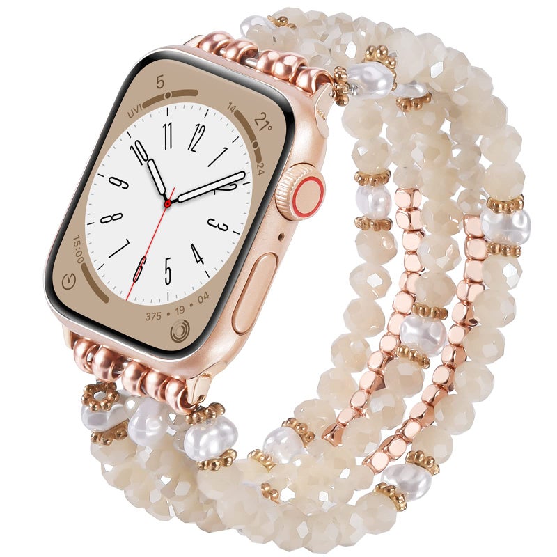 MOFREE Beaded Bracelet Compatible for Apple Watch Band 38mm/40mm/41mm/42mm(Series 10) Women,Fashion Handmade Beads Elastic Stretch Strap for iWatch Series 10/9/8/7/SE/6/5/4/3/2/1 Rose Gold - Image 1