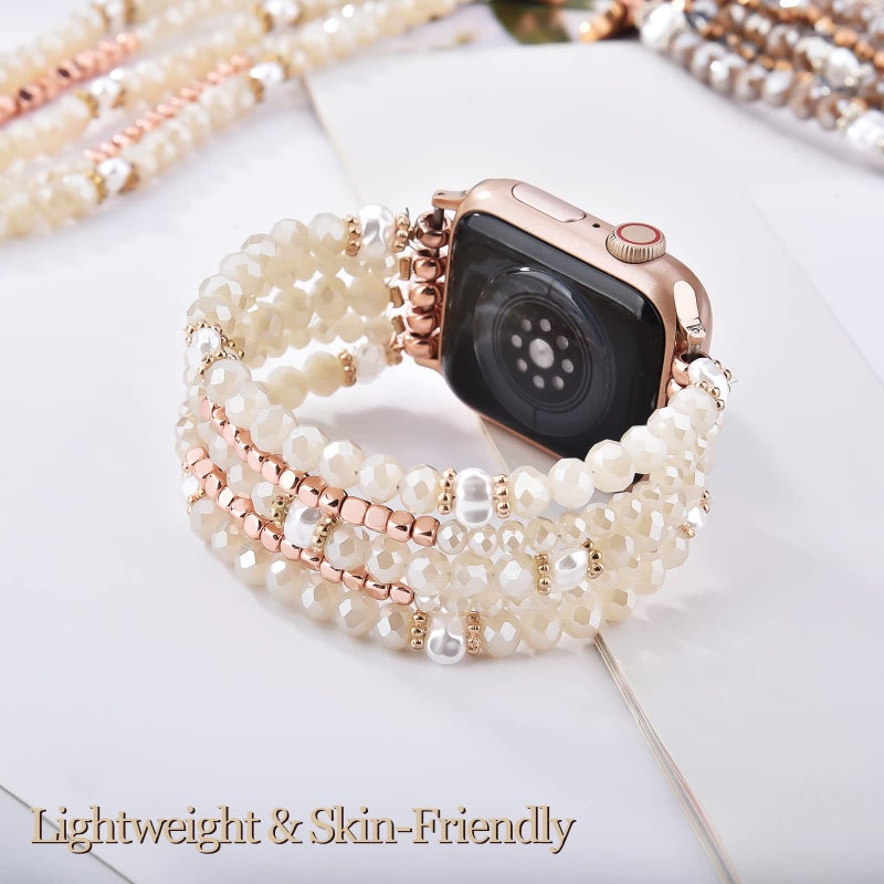 MOFREE Beaded Bracelet Compatible for Apple Watch Band 38mm/40mm/41mm/42mm(Series 10) Women,Fashion Handmade Beads Elastic Stretch Strap for iWatch Series 10/9/8/7/SE/6/5/4/3/2/1 Rose Gold - Image 2