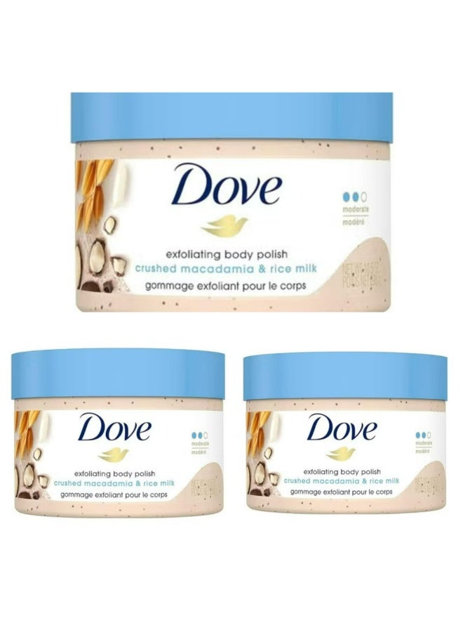 Dove Exfoliating Body Polish Scrub Reveals Visibly Smoother Skin Macadamia and Rice Milk Body Scrub That Nourishes Skin 298g 3 Pcs - Image 1