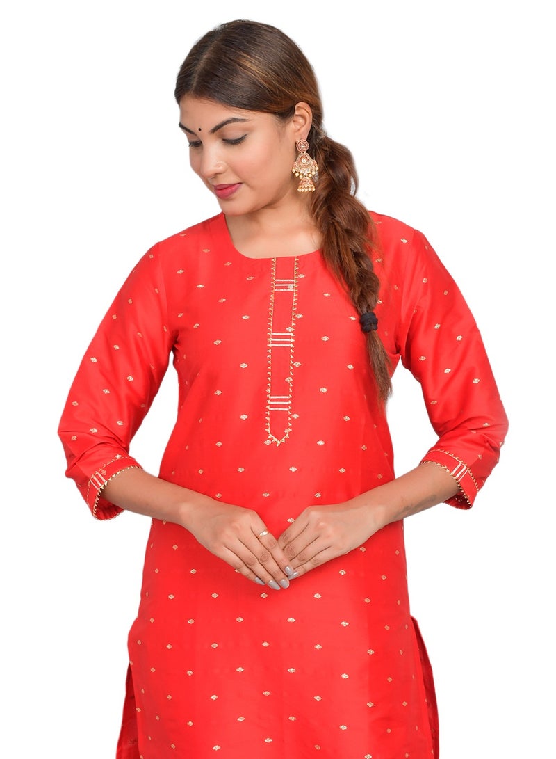 Riara Women Red Kurti with Pant Set 3/4 Sleeves Suitable for Casual Wear and Fusion Wear Art Silk (Taffeta Booty) Size S  - Image 3