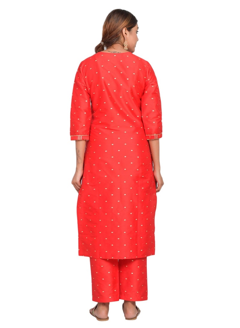 Riara Women Red Kurti with Pant Set 3/4 Sleeves Suitable for Casual Wear and Fusion Wear Art Silk (Taffeta Booty) Size S  - Image 4