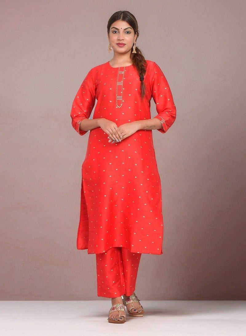 Riara Women Red Kurti with Pant Set 3/4 Sleeves Suitable for Casual Wear and Fusion Wear Art Silk (Taffeta Booty) Size S  - Image 1