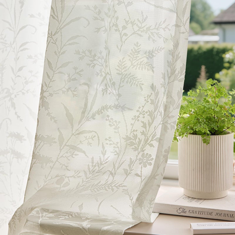 Anmao Beige Semi Sheer Light Filtering Curtains 84 Inches Long 2 Panels, Leaf Pattern Drapes for Living Room Bedroom, Rod Pocket Sheer Window Treatments with Floral Design, 52x84 Inch - Image 1