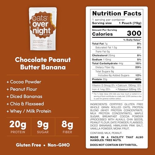 Oats Overnight Chocolate Peanut Butter Banana - Overnight Oats with 20g Protein, High Fiber Breakfast Protein Shake - Gluten Free Oatmeal, Non GMO High Protein Oatmeal (2.8 oz per meal) (8 Pack) - Image 2