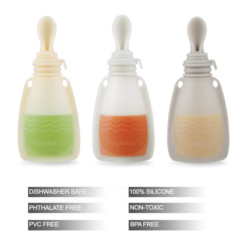 PandaEar 3 Pack Silicone Baby Food Pouches, Reusable Squeeze Pouches for Toddler with 3 Silicone Puree Feeder Spoon, BPA-Free Silicone Refillable Infant Food Storage, 5.5 oz (Light Tan&Walnut&Grey) - Image 3
