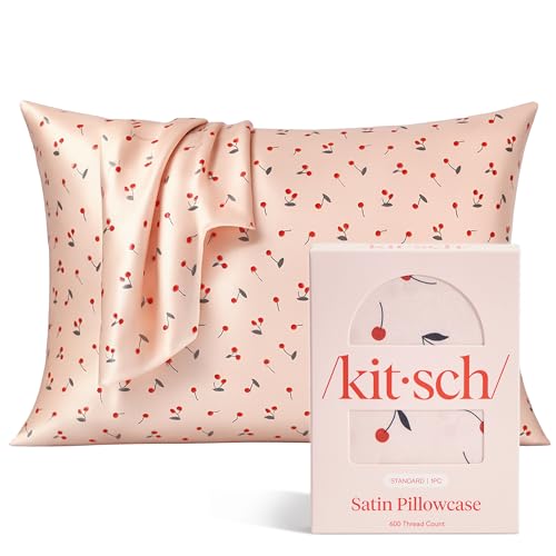 Kitsch Satin Pillowcase with Zipper for Hair Skin Softer Than Silk Pillow Cases Smooth Cooling Satin Pillow Case WrinkleFree Machine Washable Pillow Cases Standard Size 19x26 Cherry Print - Image 1