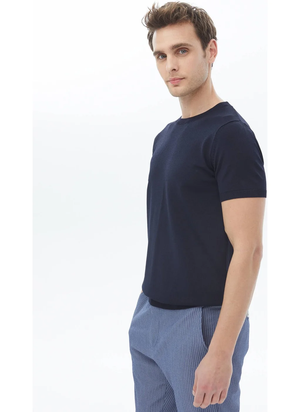 Kip Navy Blue Crew Neck Plain Knit Sweater