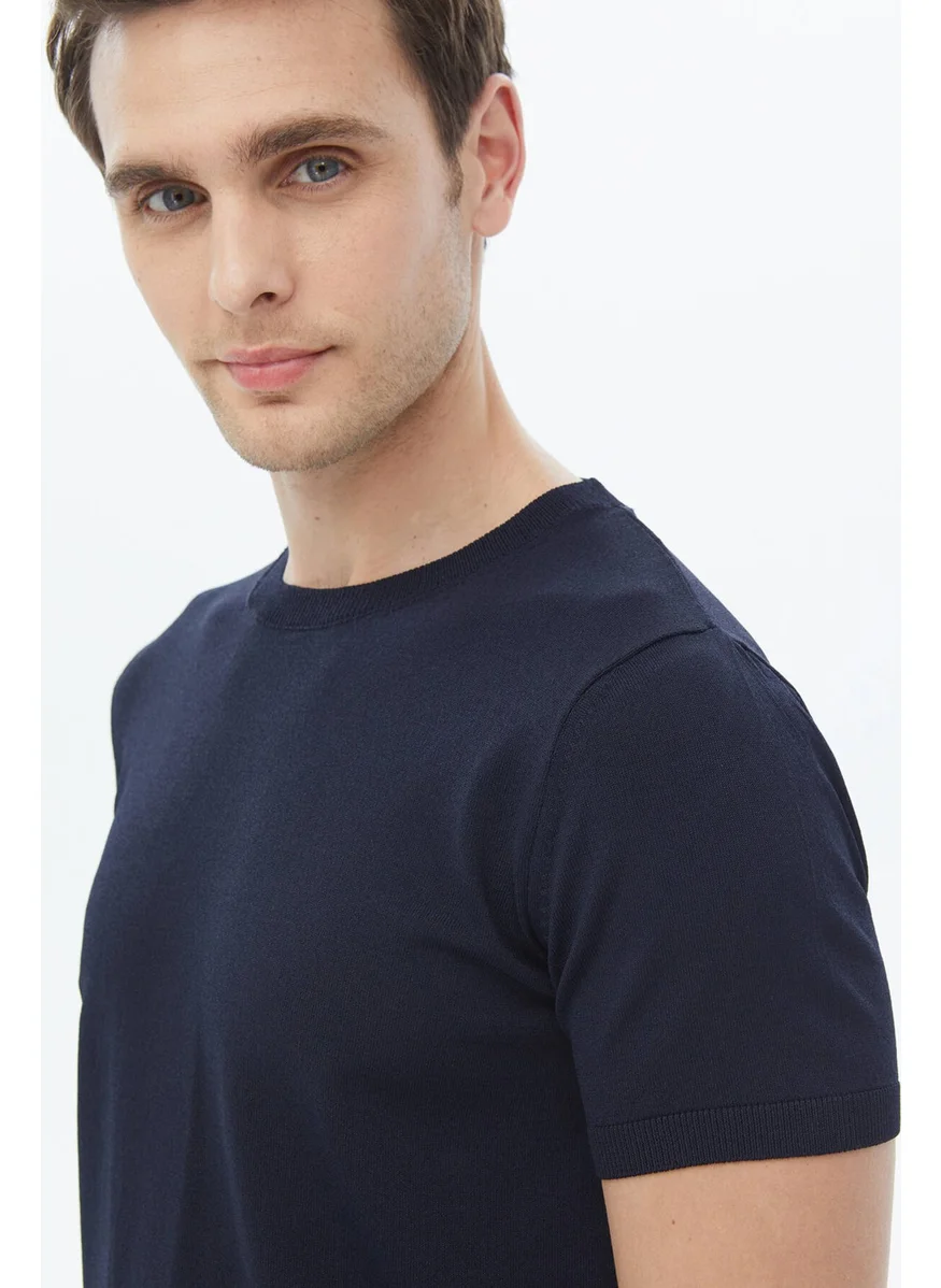 Kip Navy Blue Crew Neck Plain Knit Sweater