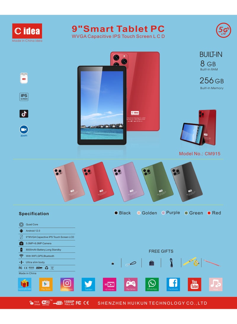 سي آيديا كمبيوتر لوحي ذكي مقاس 9 بوصات يعمل بنظام Android Tab IPS وشاشة واحدة وشريحة اتصال 5G LTE وWiFi Zoom وTiktok مدعوم بحافظة واقية - Image 3
