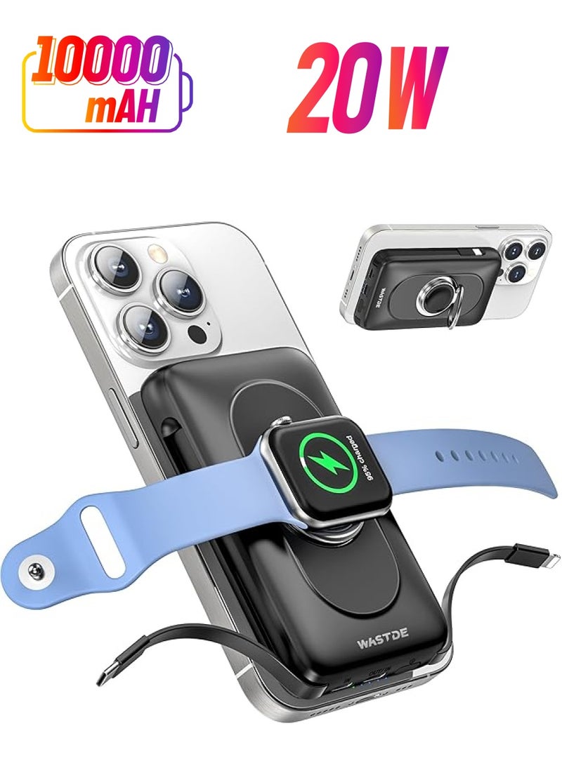 PROMASS بنك طاقة برومس 10000 مللي أمبير مع شاحن آي ووتش، بنك طاقة مغناطيسي 20 واط شحن سريع USB C مع كابلين مدمجين، شاحن محمول لساعة آبل ألترا 9/8/7/6/SE، آيفون 16/15/14/13/12 سلسلة