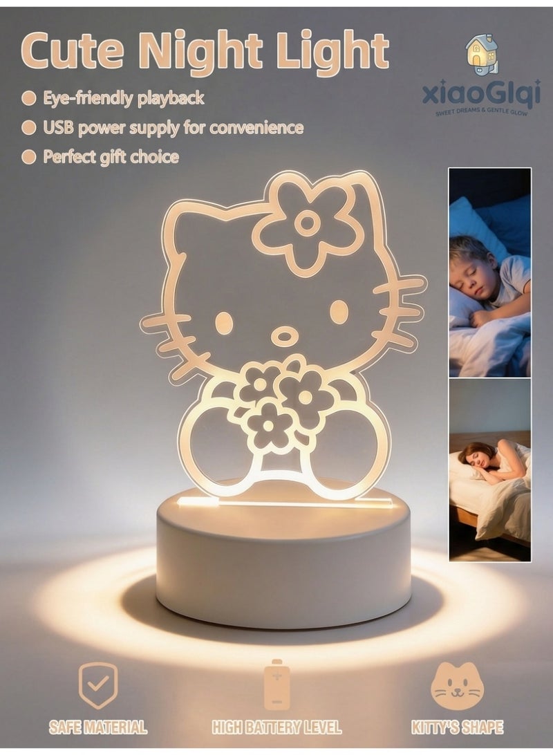 الآلة الصغيرة مرحبا كيتي زهرة باقة 3D أكريليك LED ضوء ليلي، لطيف كرتون دافئ أبيض USB طاولة جانب السرير مصباح، ديكور العين رعاية الأطفال غرفة النوم مصباح ليلي، هدية حلوة للفتيات ومشجعي سانريو - Image 1