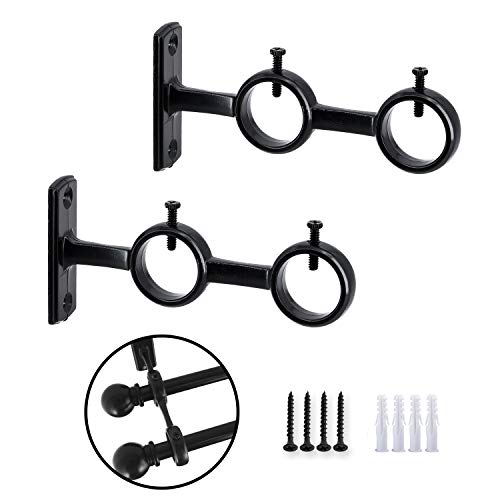 AddGrace 2 Pack Double Curtain Rod Brackets 1 Inch Curtain Rod Holders for Bedroom Living Room (Black) - Image 1