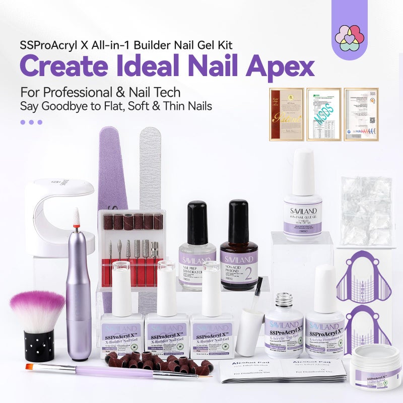 SAVILAND Builder Nail Gel Kit with Nail Drill: Clear Pink Nude White Gel Builder for Nails VE Castor Oil Ultra - Hard Gel with U V Lamp Base Top Coat for Nail Apex Extension Strengthener SSProAcryl X - Image 2
