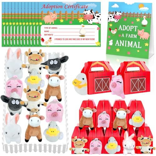 Jiytivity 38 Pcs Farm Animal Party Favors Include 12 Foldable Farm Boxes 12 Mini Stuffed Animals 12 Adoption Card 1 Adopt Sign 1 Fence for Adopt A Farm Animal Party Adopt a Pet Party Favors - Image 1