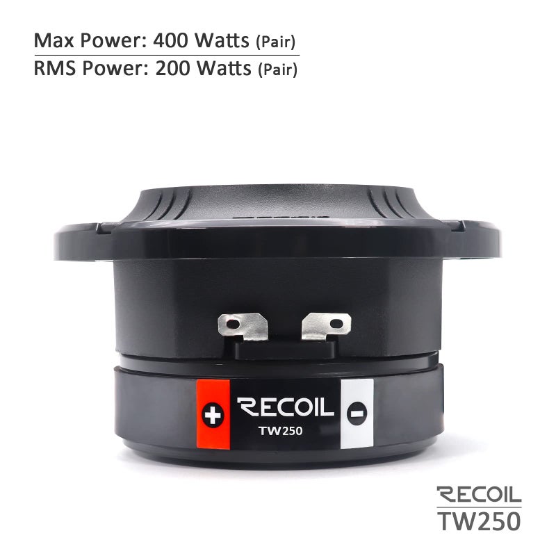 RECOIL ريكويل TW250 عالي الضغط للسيارات بوليت سوبر تويتيرز, 1-بوصة كابتون صوت ملف عالي الحرارة, إطار وألمنيوم الديافرام, 400 وات كحد أقصى زوج 4 أوم - Image 3