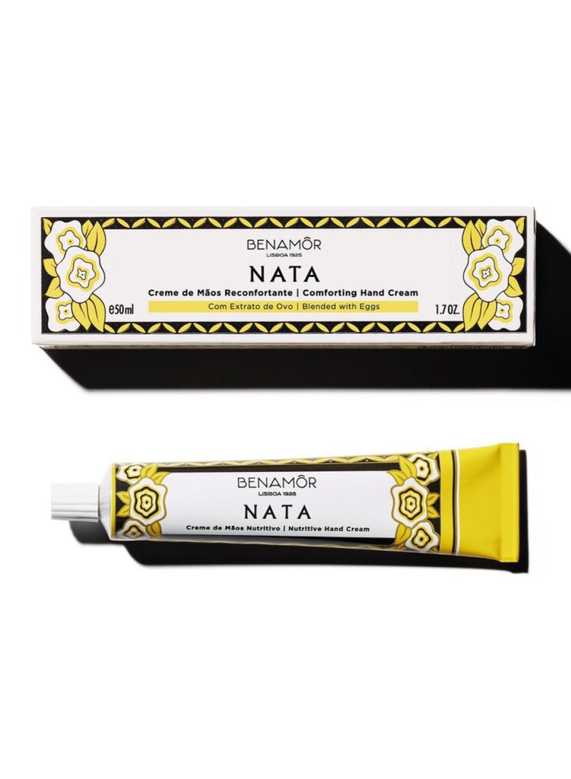 BENAMÕR Nata Comforting Hand Cream | Egg Extract Hand Moisturiser with Shea Butter & Coconut Oil | Nourishing Hand Cream for Dry Hands | Sweet Gourmet Scent | Paraben Free – 50ml - Image 1