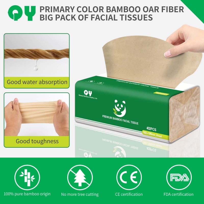 QINGYA Soft Durable Bamboo Facial Tissues - 3 Ply Natural Unbleached Facial Paper Dry or Wet Use 12 Packsï¼ˆ134 Tissue per Pack, 1608 Tissues Totalï¼‰ - Image 3