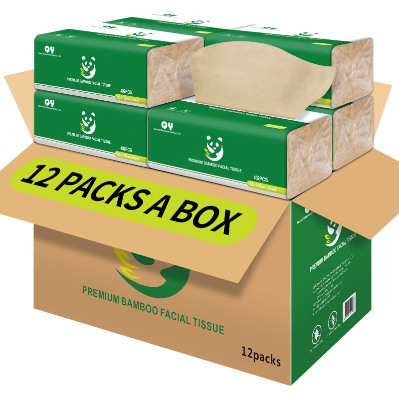 QINGYA Soft Durable Bamboo Facial Tissues - 3 Ply Natural Unbleached Facial Paper Dry or Wet Use 12 Packsï¼ˆ134 Tissue per Pack, 1608 Tissues Totalï¼‰ - Image 1