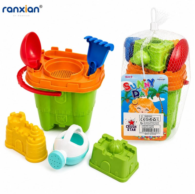 Kids Beach Toy Set with Bucket, Sand Molds, Shovel and Watering Can – Colorful Sand Play Set for Beach and Garden