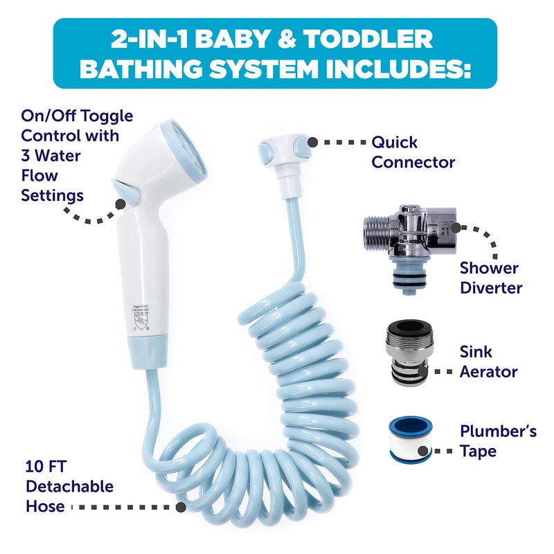 ginsey Playtex Baby 2-in-1 Shower Sprayer for Baby and Toddler Bath Time, Blue/White, 10-foot Hose - Image 2